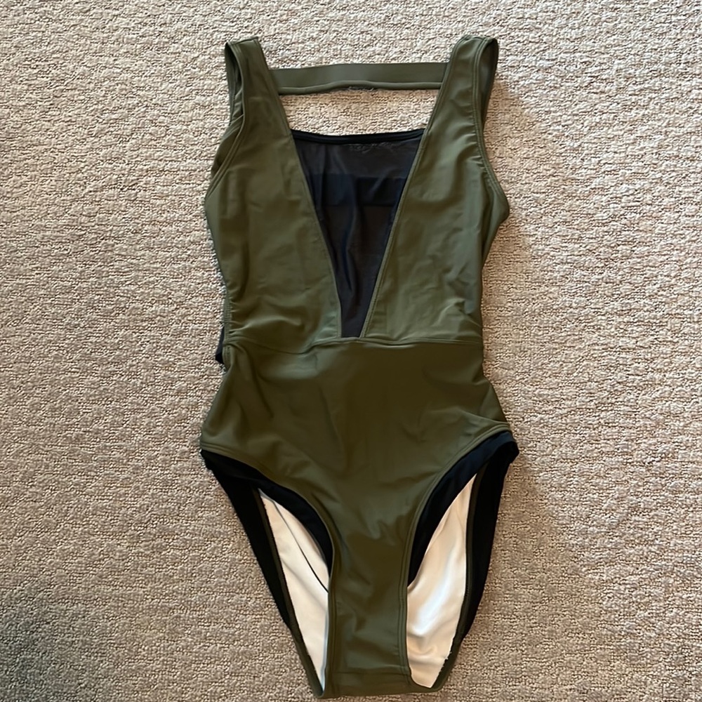 Olive green one piece swimsuit with mesh front and open back